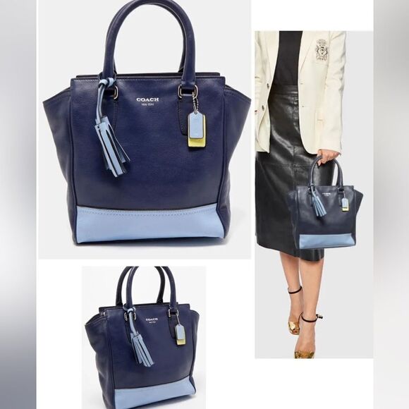 Authentic COACH Two Tone Blue Colorblock Leather Tanner Legacy Tote & Coin Pouch - Picture 1 of 13